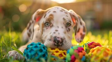 AI generated Spotted Puppy Plays with Colorful Toy in Sunlit Grass Backyard photo