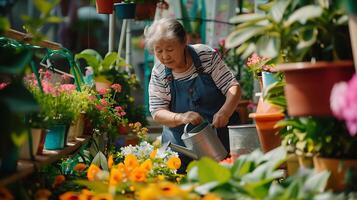 AI generated Woman Tends Potted Plants on Sunny Balcony with Colorful Flowers photo