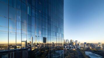 AI generated Urban Glass Skyscraper Reflects Cityscape in Soft Light Captured in Wide Telephoto Shot photo