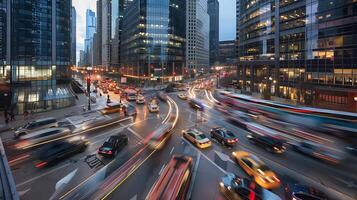 ai generado urbano transporte zumbido ciudad intersección durante prisa hora capturar movimiento y Alto actividad foto