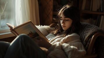 AI generated Young Woman Reads in Cozy Armchair Bathed in Soft Natural Light photo