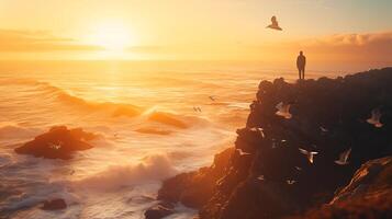 ai generado elástico figura contempla Oceano puesta de sol abrazando fuerza y determinación en medio de turbulento olas foto