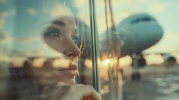 AI generated Woman Contemplates Departing Flight Through Window Captured with 50mm Lens in CloseUp Shot photo