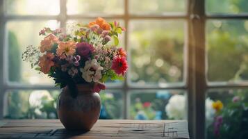 ai generado vibrante ramo de flores en rústico florero conjunto en contra suave antecedentes foto