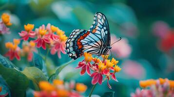 ai generado mariposa perchas en vibrante flor en lozano jardín capturado en extremo de cerca foto