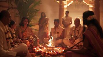 AI generated Traditional Hindu Wedding Ceremony Bride Groom Family Priest Sacred Fire Rituals Traditional Attire photo