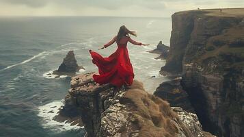 AI generated Young Woman in Red Dress Embraces Freedom on Cliff Overlooking Ocean photo