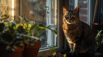 ai generado curioso gato asoma desde detrás en conserva planta en soleado vivo habitación foto