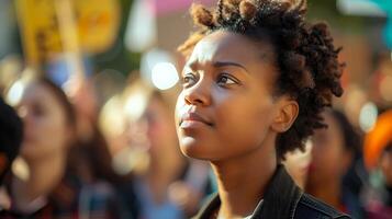 AI generated Diverse Group Holds Protest Signs in Crowded Public Square Revealing Centered Faces Amidst City Landscape photo