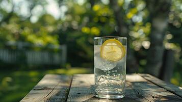 AI generated Refreshing Lemonade Garnished with Lemon Slice and Ice Captured with Macro Lens in Garden Setting photo