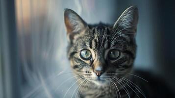 ai generado curioso atigrado gato capturado en suave natural ligero enfocado mirada con 50 mm lente foto
