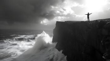 AI generated Resilience and Hope Lone Figure Overlooks Stormy Sea Embracing Determination and Inner Strength photo