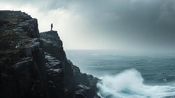 ai generado superar adversidad solitario figura tirantes Tormentoso mar con determinación abrazando esperanzado resplandor foto