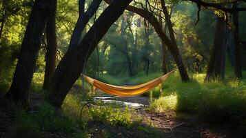 AI generated Tranquil Forest Clearing Hammock Stream Yoga Mat and Natures Nurturing Embrace photo