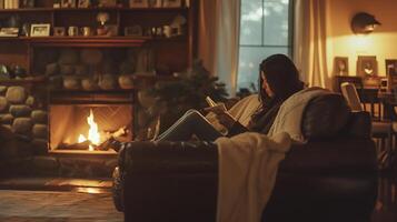 ai generado joven mujer disfruta acogedor leyendo por hogar en calurosamente iluminado vivo habitación foto