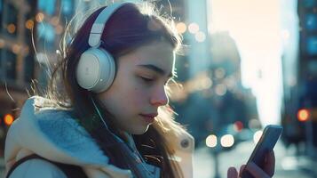 ai generado mujer sonrisas escuchando a música con inalámbrico auriculares y teléfono inteligente foto