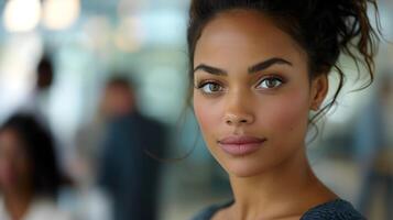 AI generated Young Businesswoman Navigates Busy Train Station Amid Soft Natural Light photo