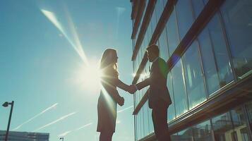 AI generated Businesspeople Seal Deal in Modern Office Setting with Firm Handshake photo