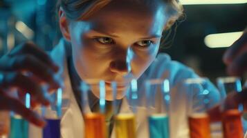 AI generated Scientist Conducts Precise Experiment with Pouring Liquid into Beaker Lab Equipment in Background photo