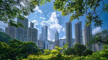 AI generated Modern Skyscrapers Embrace Lush Cityscape Captured in Wide Golden Ratio Composition photo