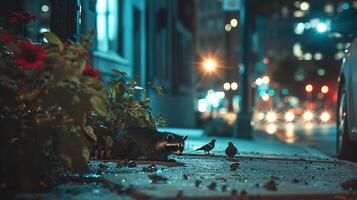 ai generado urbano fauna silvestre mapaches y palomas prosperar en medio de ciudad luces revelando naturalezas Resiliencia foto