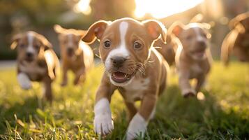 AI generated Playful Golden Retriever Bounds through Tall Grass Bathed in Setting Suns Warm Glow photo