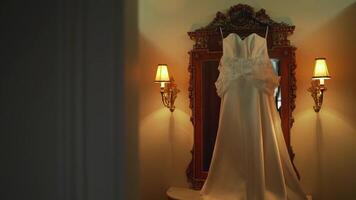 bellissimo bianca nozze vestire. vicino su di elegante nozze vestito con cartello di sposa. video