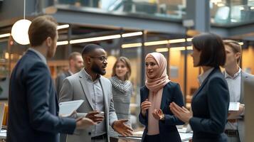 ai generado inclusivo lugar de trabajo profesionales colaborando en moderno oficina abrazando cultural diversidad en un calentar acogedor ambiente foto