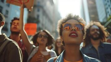 ai generado diverso grupo de joven adultos reunión para cambio en ciudad cuadrado en medio de pacífico demostración foto