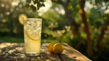 ai generado con hielo limonada macro refrescante vaso con condensación y limón rebanada en soñador antecedentes foto