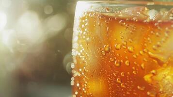 ai generado con hielo té adornado con menta y limón capturado en refrescante de cerca con condensación en atención foto