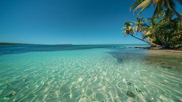 ai generado tropical paraíso cristal claro aguas palma arboles y azul cielo foto