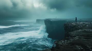 AI generated Resolute Figure Stands at Cliffs Edge Facing Turbulent Ocean with Glimmer of Hope Guided by Lighthouse Amidst Swirling Turmoil photo