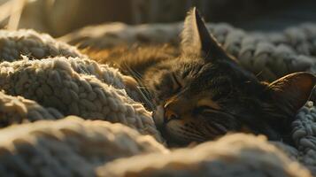 AI generated Cozy Tabby Cat Naps on Blanket in Soft Natural Light photo