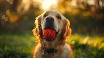 AI generated Fluffy Golden Retriever Frolics Through Wildflower Field in Soft Natural Light photo