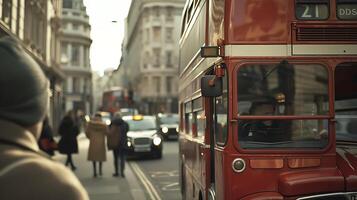 ai generado icónico rojo De dos pisos autobús navega bullicioso Londres calles en de cerca ver foto