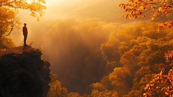 AI generated Contemplative Figure Embraces Autumn Change Gazing Over Sunlit Valley with Determination photo