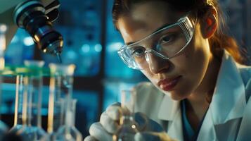 AI generated Female Scientist Explores Microscopic World in Lab with Test Tubes and Equipment photo