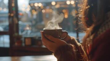 AI generated Cozy Coffee Shop Moment Womans Hand with Steaming Cup Captured in CloseUp photo