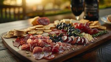 AI generated Sumptuous Charcuterie Display on Rustic Table Bathed in Soft Natural Light photo