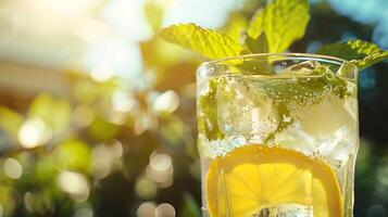 AI generated Refreshing Lemonade Delight CloseUp with Ice Lemon and Mint Captured with Crisp Detail photo