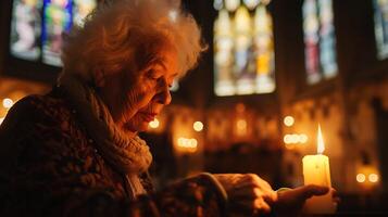 AI generated Elderly Woman Engages in Spiritual Ritual Surrounded by Traditional Symbols and Cultural Ornaments photo