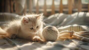 AI generated Fluffy Kitten Plays in Cozy Living Room Bathed in Soft Natural Light photo