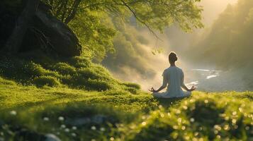 AI generated Yoga Serenity Morning Sun illuminates Tranquil Scene of Balance and Harmony in Nature photo