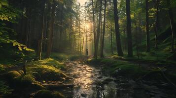 AI generated Serene Forest Embracing Change Amidst Lush Trees Dappled Light and Meandering Stream photo