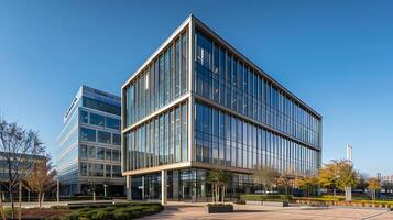 AI generated Modern Glass Building Soars Against Clear Blue Sky Captured in WideAngle Magnificence photo