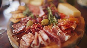 ai generado ingeniosamente desplegado charcutería plato iluminado por suave natural ligero exhibiendo un formación de carnes quesos frutas y galletas foto