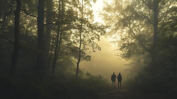 AI generated Embracing Vulnerability Figures Stand in Misty Forest Open to the World Surrounded by Serene Beauty photo