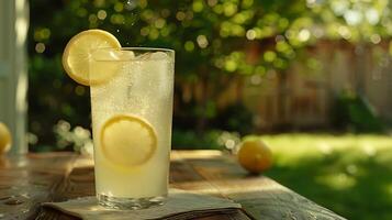 AI generated Refreshing Lemonade Resting on Rustic Table Overlooking Lush Green Garden Captured with Macro Lens photo