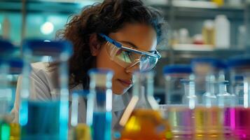 AI generated Female Scientist in Lab Coat examines Microscope with Test Tubes and Equipment photo